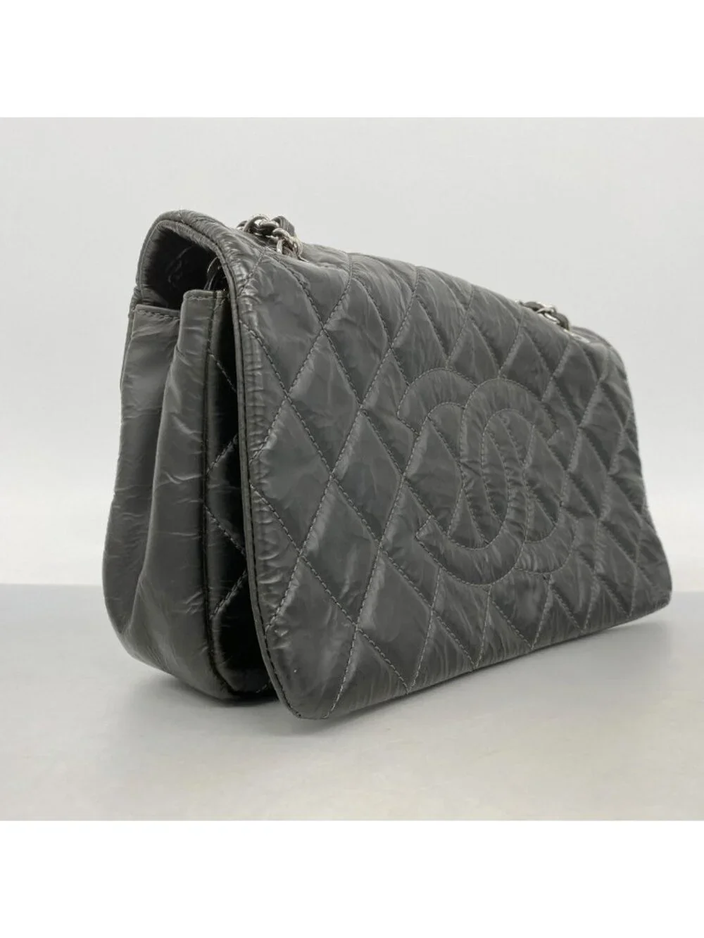 Chanel Shoulder Bag Quilted Leather Black Silver
